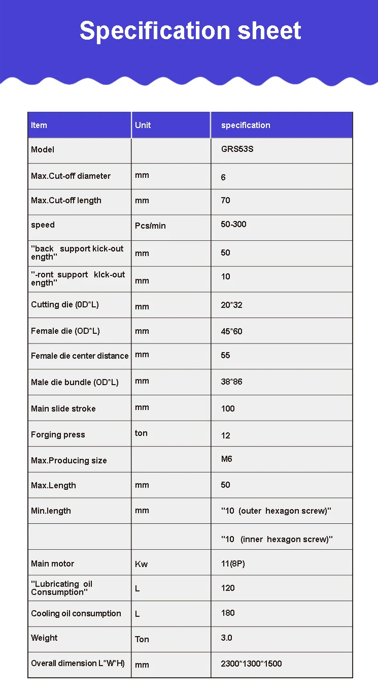 Multi Station Cold Heading Machine Specification Sheet
