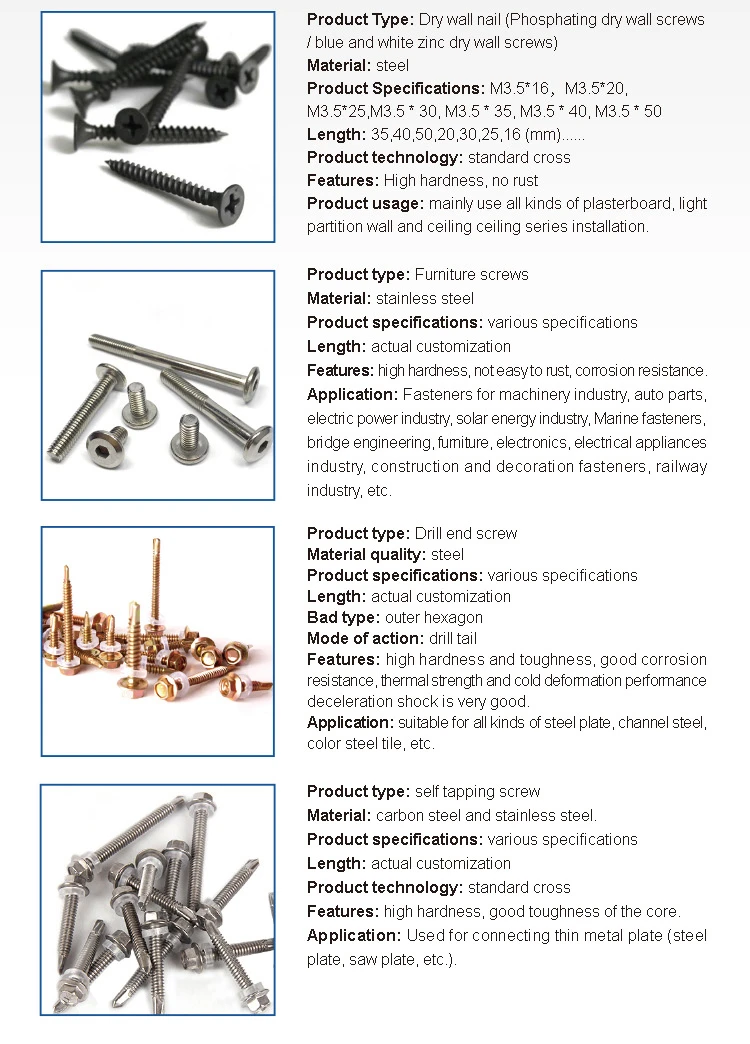 Applicable Screw Types Drywall Self Drilling Tapping Screws