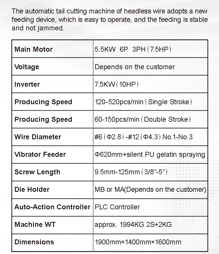 Self Drilling Screw Tail Cutting Machine Parameter Chart