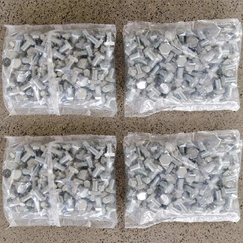 Finished plastic packaging bags filled with metal screws bolts nuts